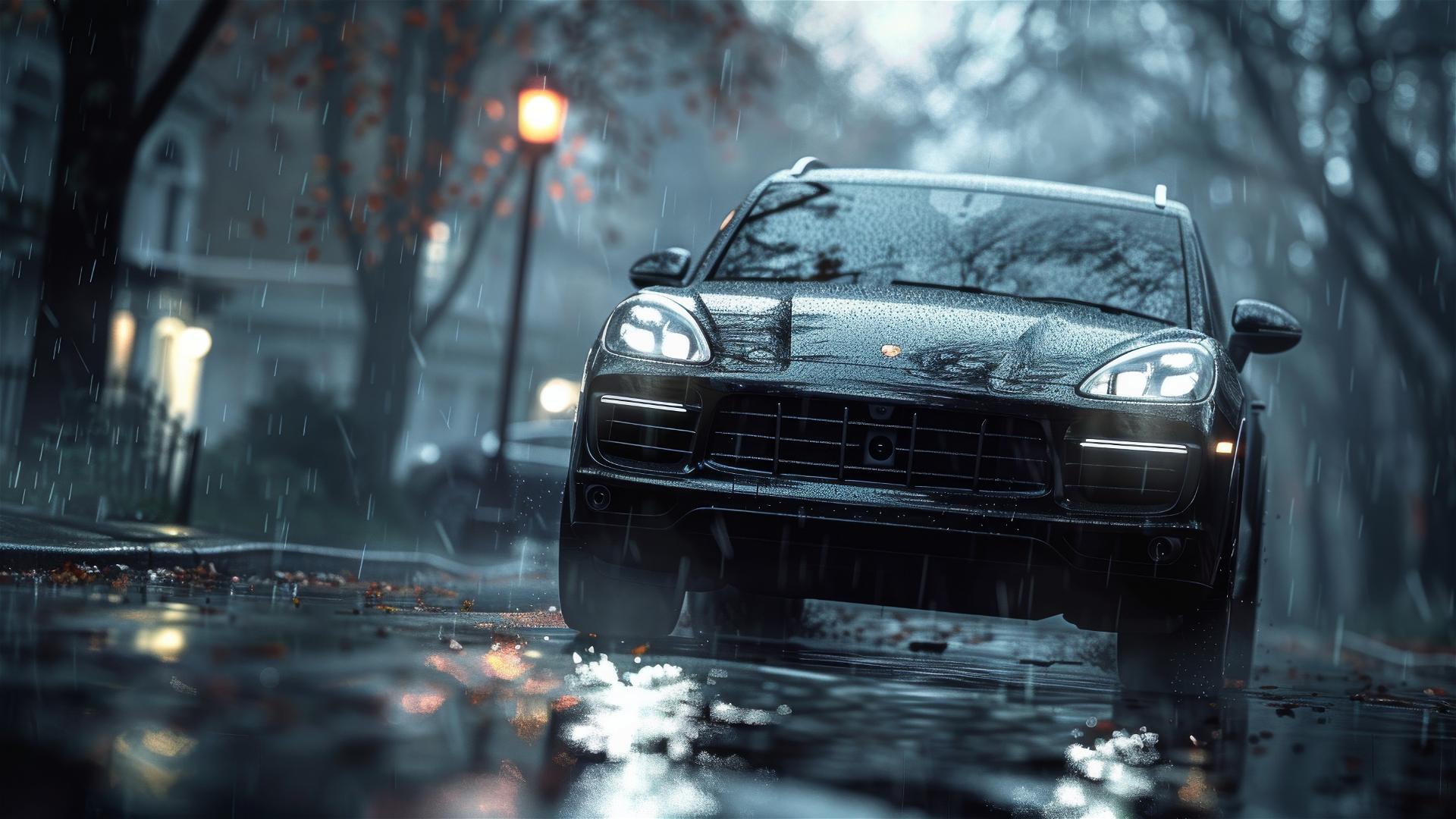 Porsche Cayenne in dim light, gothic gloomy atmosphere, foggy, photorealistic closeup