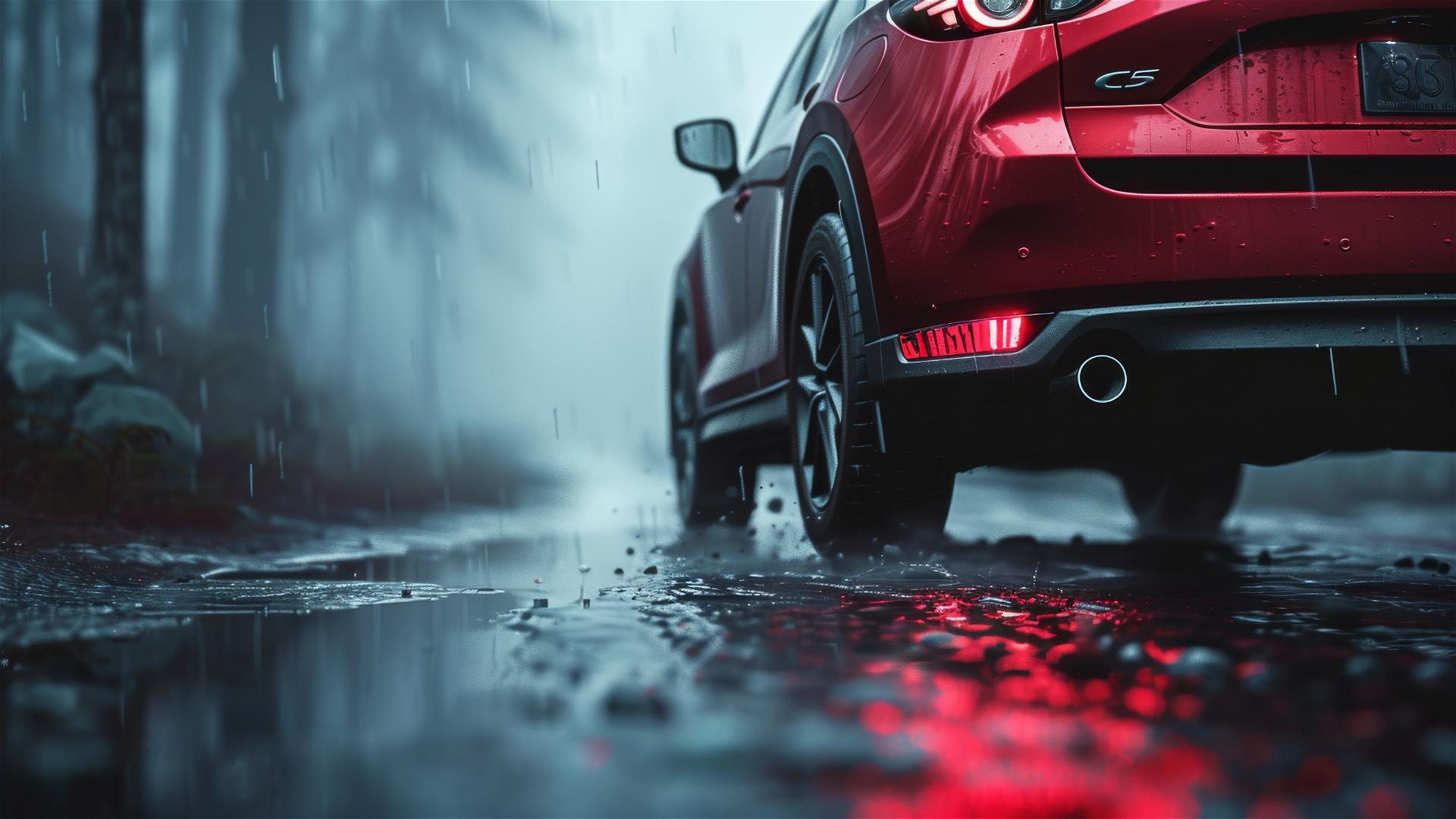 Photorealistic closeup of a Mazda CX-5 in dim, foggy, gothic setting