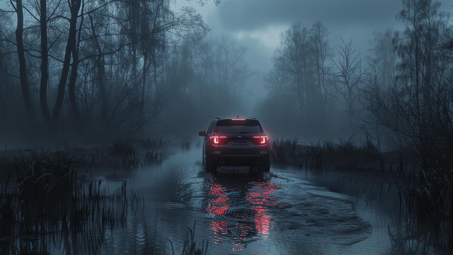 Closeup of a Ford Edge in dim, foggy, gothic setting