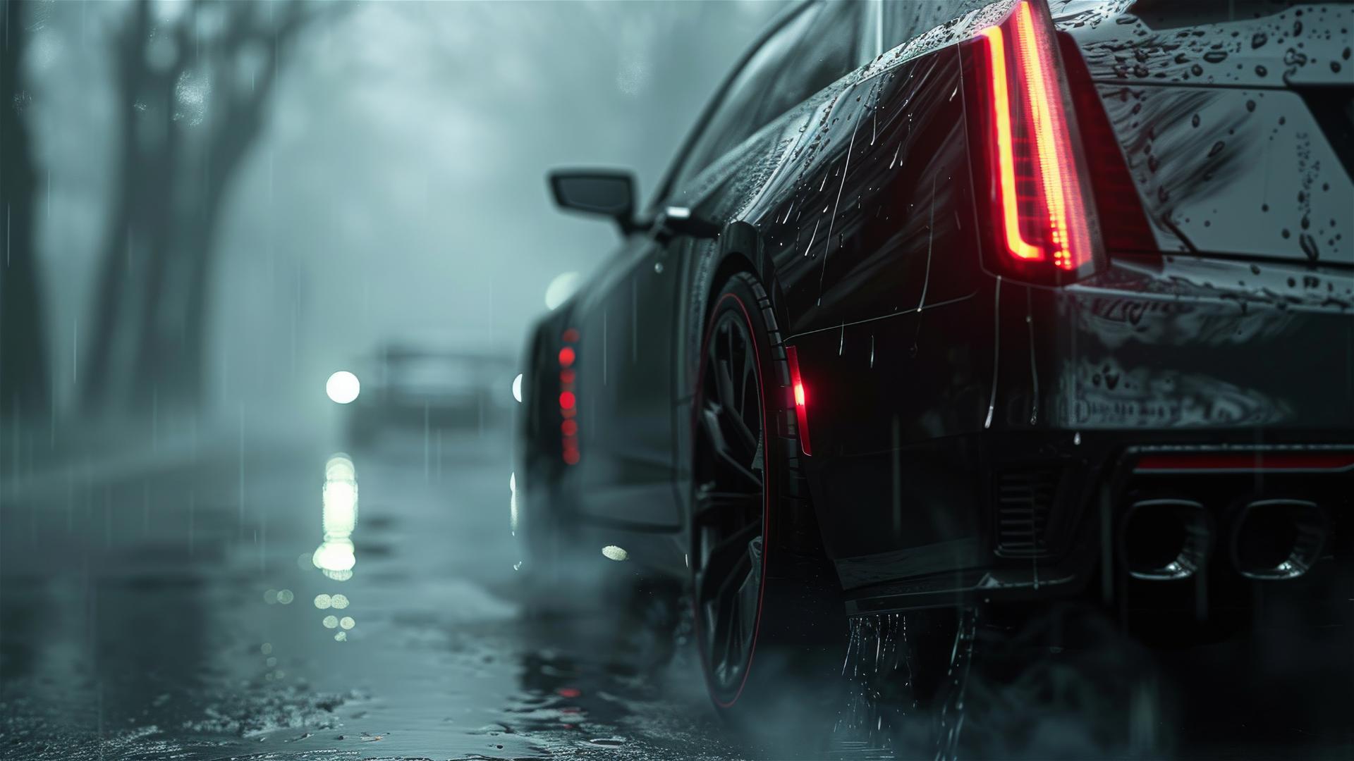 Photorealistic closeup of a Cadillac CT6 in foggy, dimly lit gothic setting