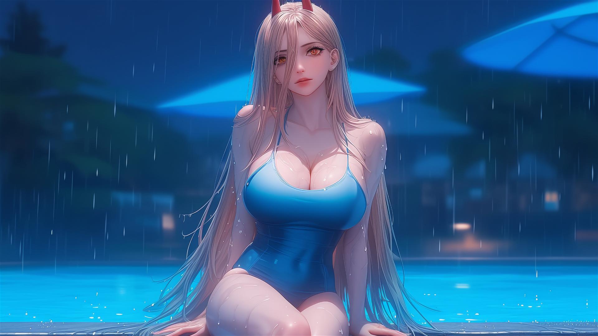 Power from Chainsaw Man resting at rainy swimming pool with light red horns and yellow eyes, thigh focus.