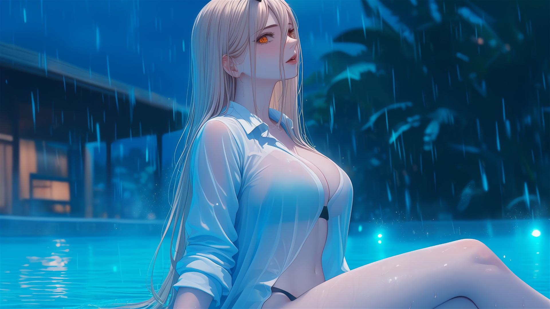 Power from Chainsaw Man resting at a rainy pool, focus on thigh, blond hair, red horns and yellow eyes.