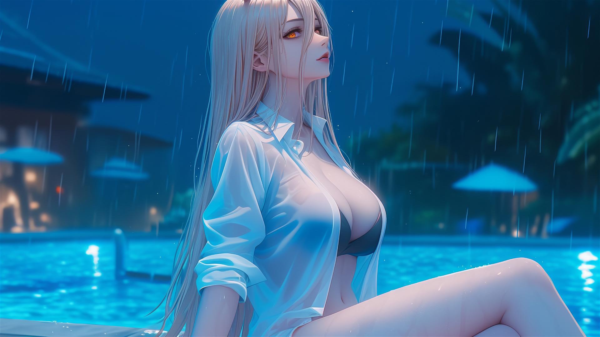 Power from Chainsaw Man resting at rainy pool, thigh focus, blonde hair, red horns, yellow eyes