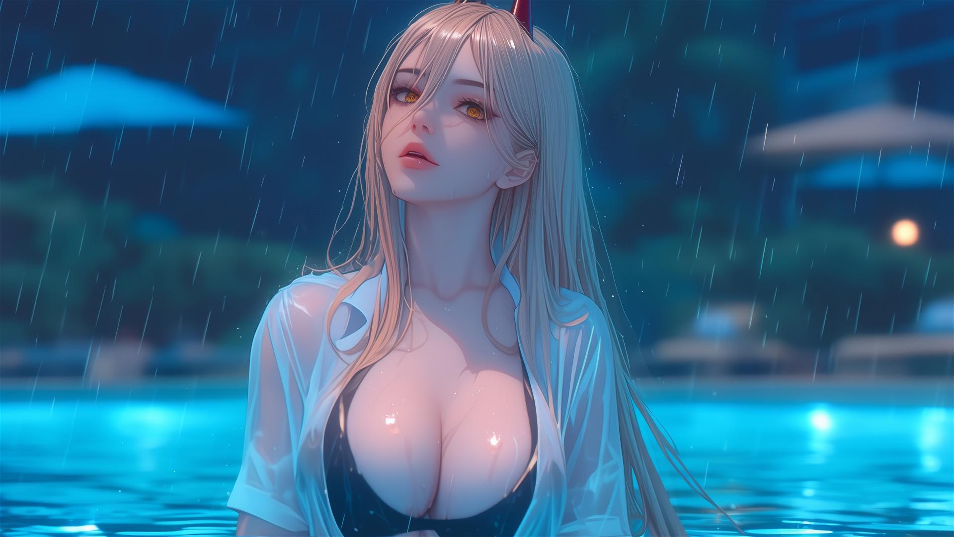 Power from Chainsaw Man resting by a rainy swimming pool, with blond hair, light red horns, and yellow eyes