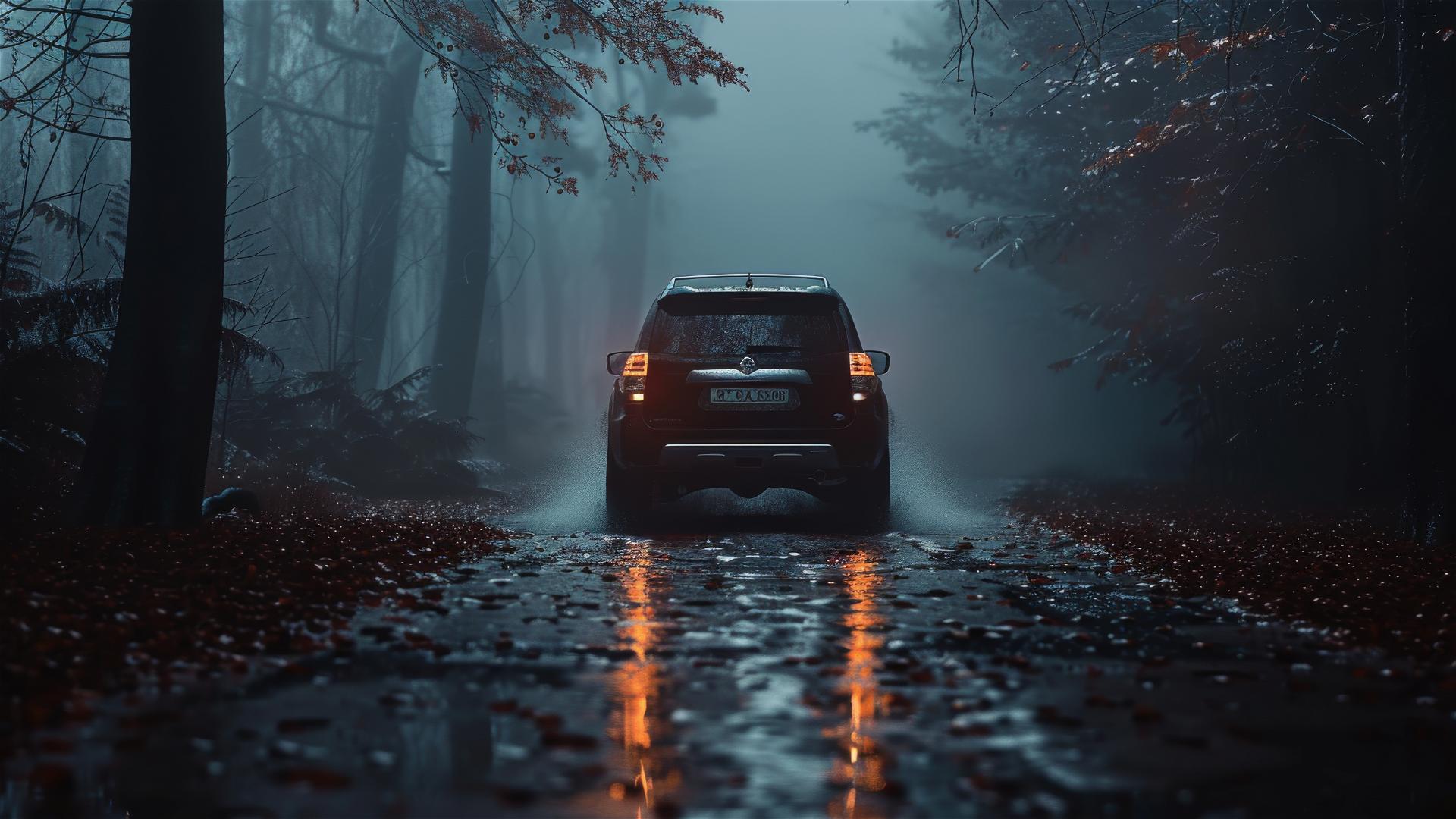 Closeup view of a Nissan Pathfinder in dim, gothic gloomy lighting and foggy surroundings, presented in 8k photorealistic quality