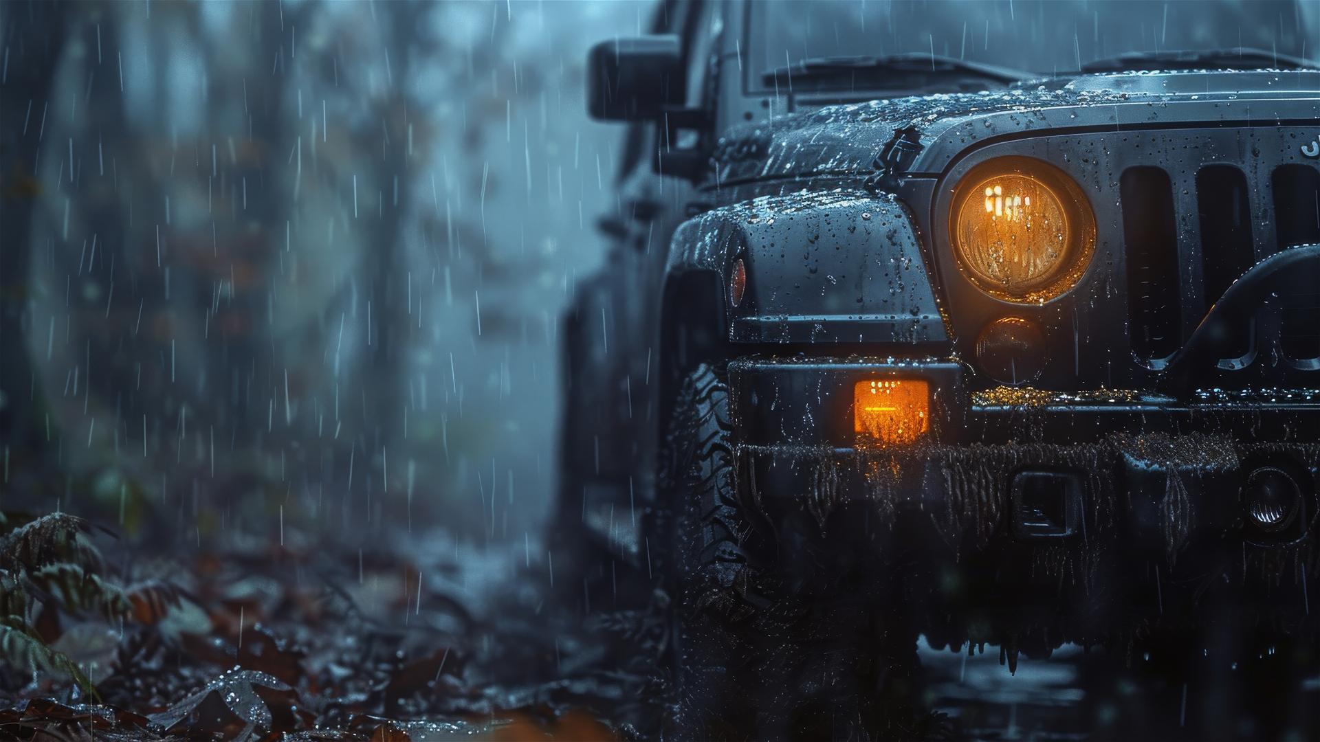 Gothic gloomy Jeep Grand Cherokee in dim lighting and fog