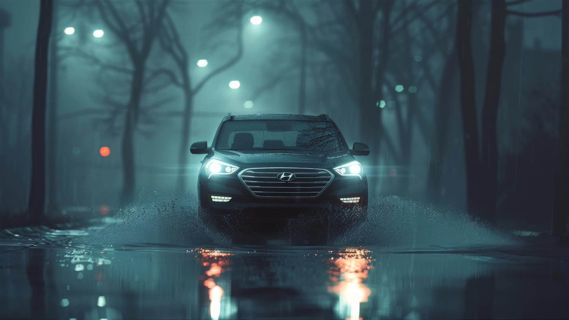 Closeup of Hyundai Santa Fe in dim, foggy and gothic gloomy lighting