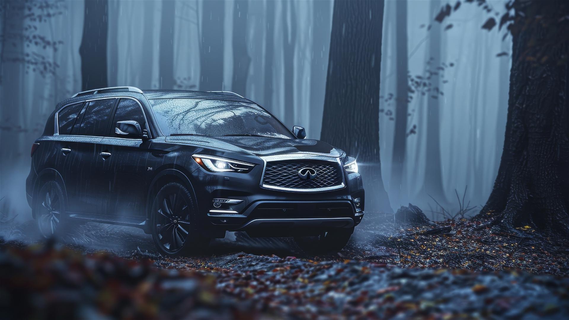 Close-up of Infiniti QX60 in dim, foggy, gothic setting