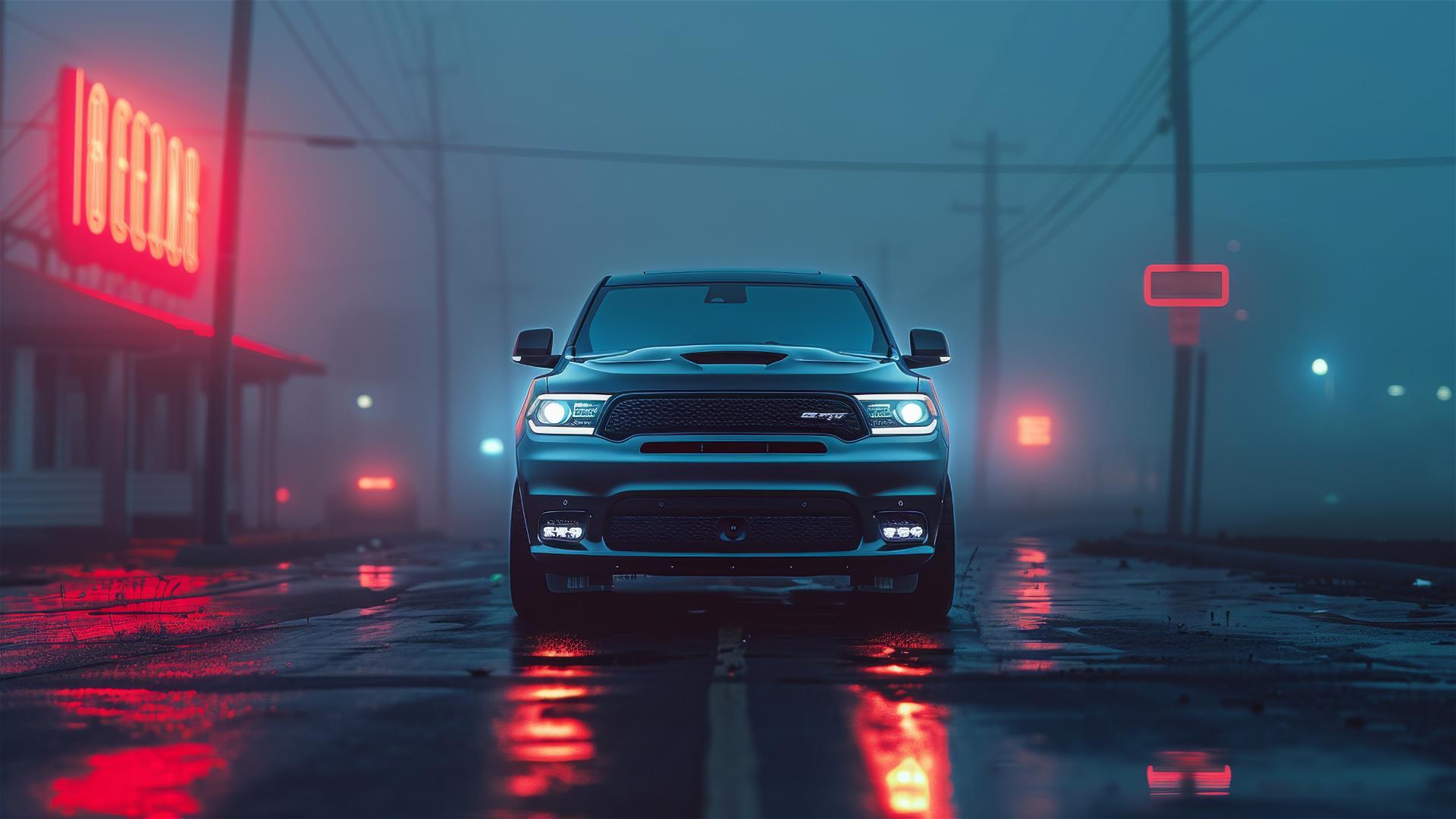 Close-up of a Dodge Durango in dim, foggy, gothic-style setting