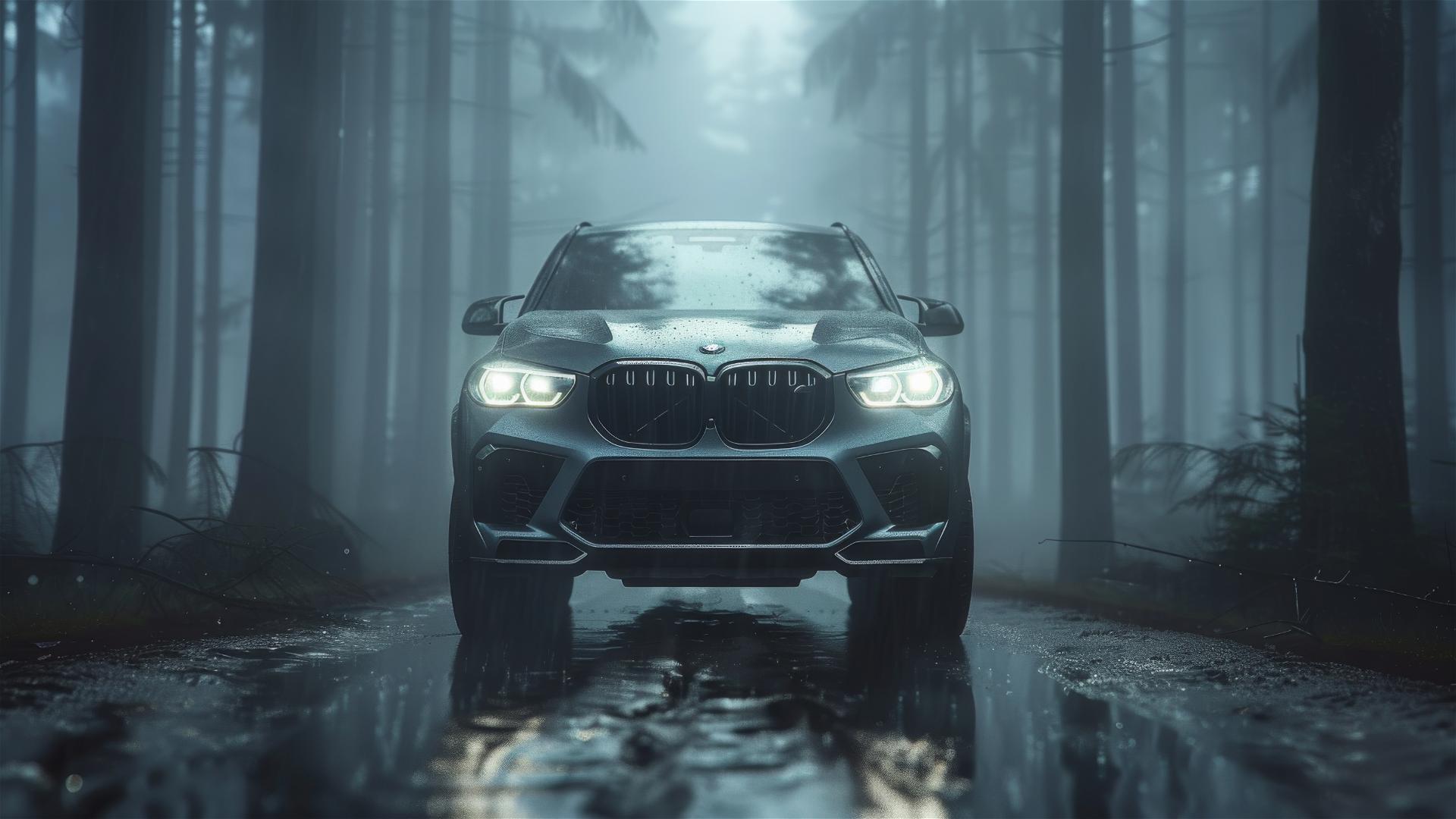 Photorealistic image of a BMW X5 under dim lighting, showcasing a gothic and gloomy atmosphere with a closeup view in 8K resolution, surrounded by fog