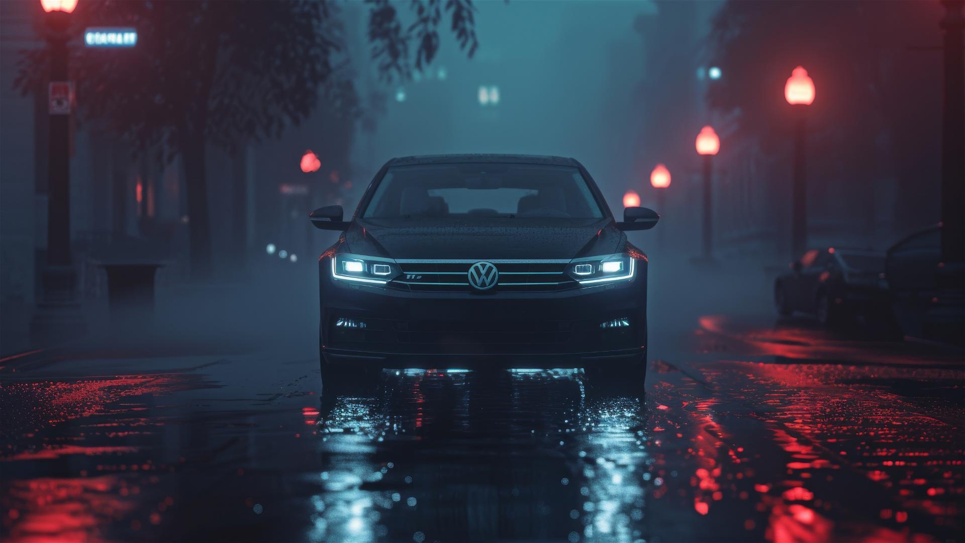 Closeup of a Volkswagen Passat in dim, foggy, gothic setting