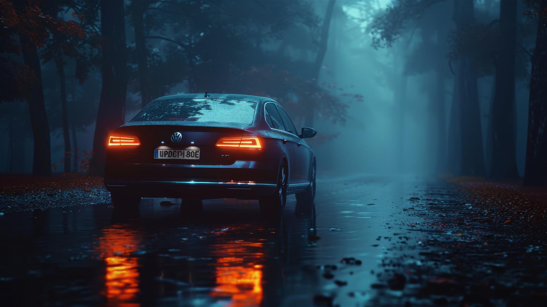 Closeup view of a Volkswagen Passat in dim, Gothic gloomy lighting, surrounded by fog