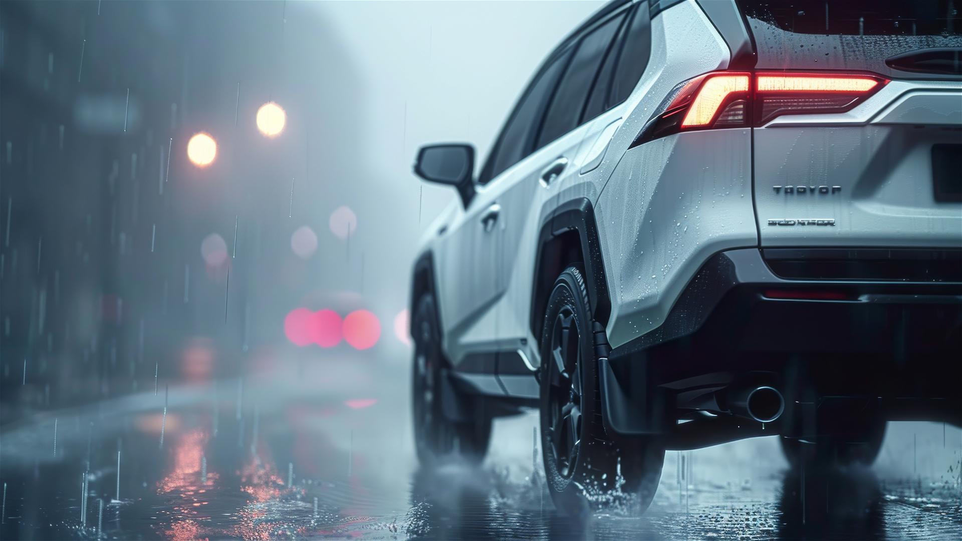 Photorealistic closeup of a Toyota RAV4 in dim, foggy, Gothic gloom