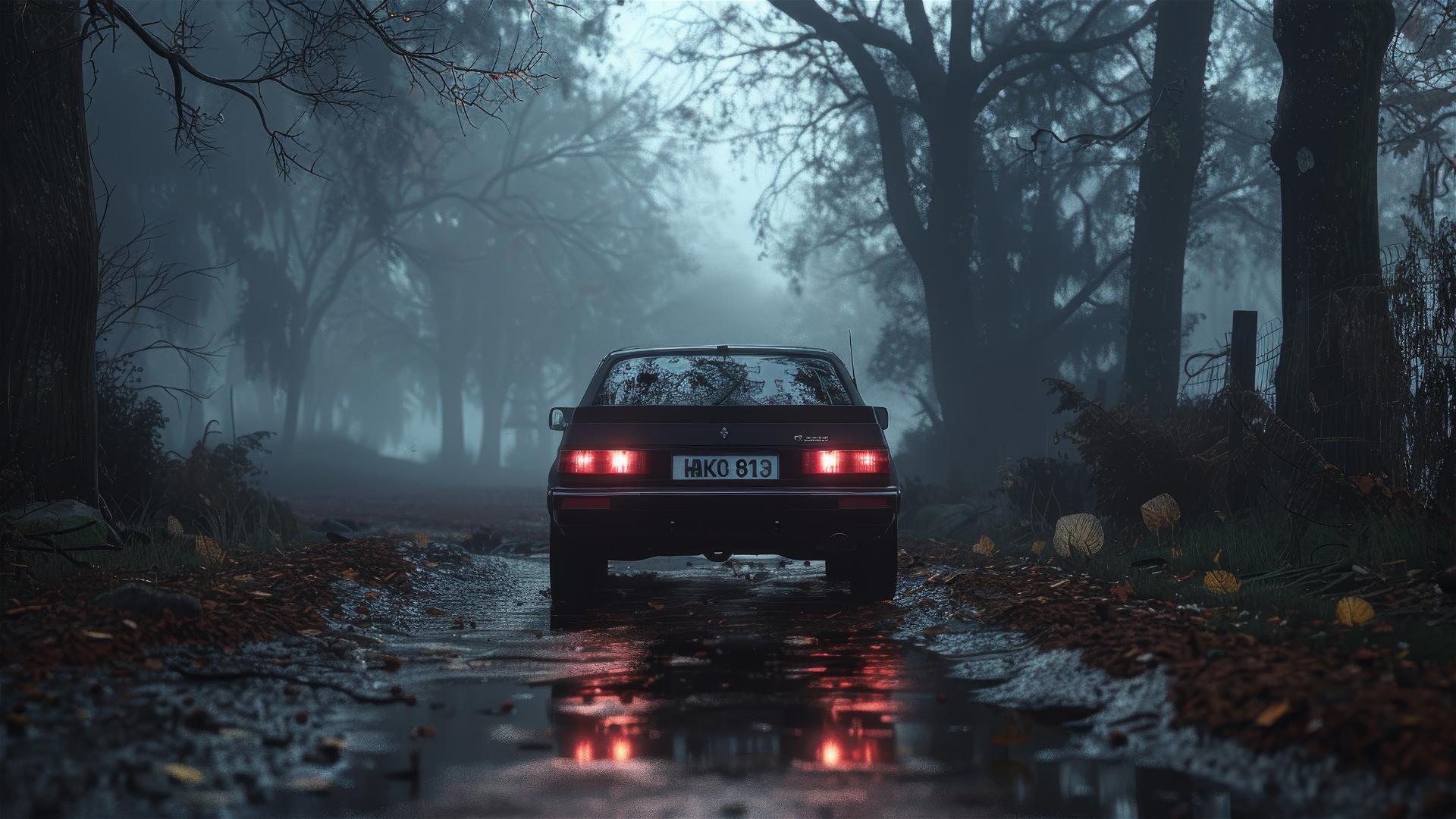 Saab 9-3 in dim lighting with gothic gloomy atmosphere, foggy and photorealistic closeup view