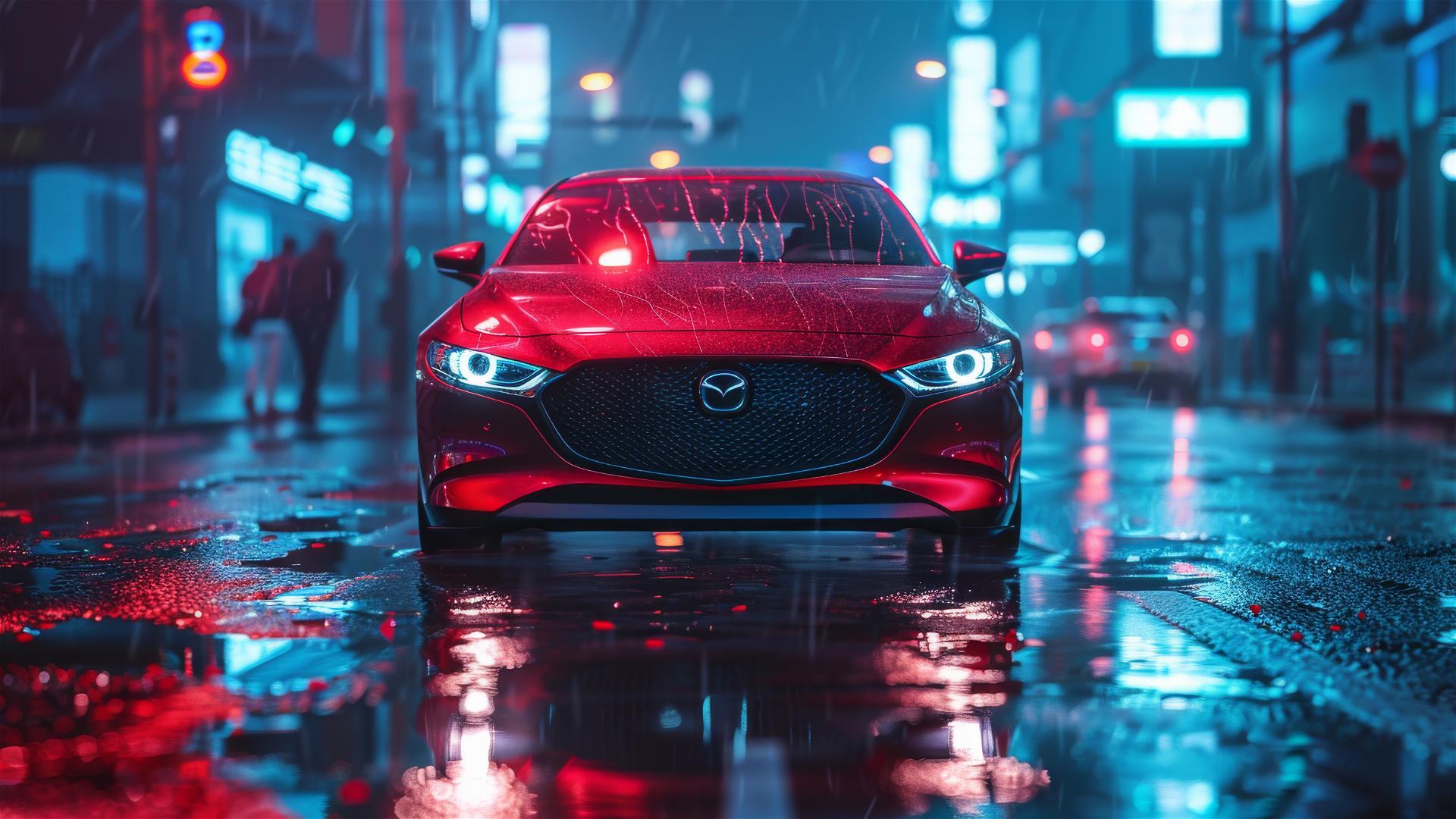 Dimly lit, closeup view of a Mazda 3 in a foggy, Gothic gloomy context