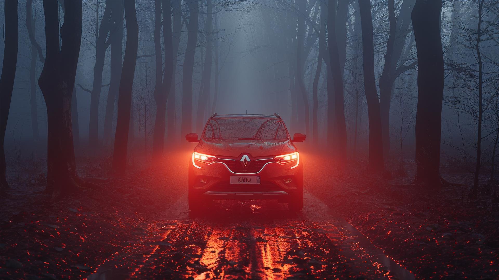 Close-up view of Renault Kadjar in dim, gothic gloomy setting with fog