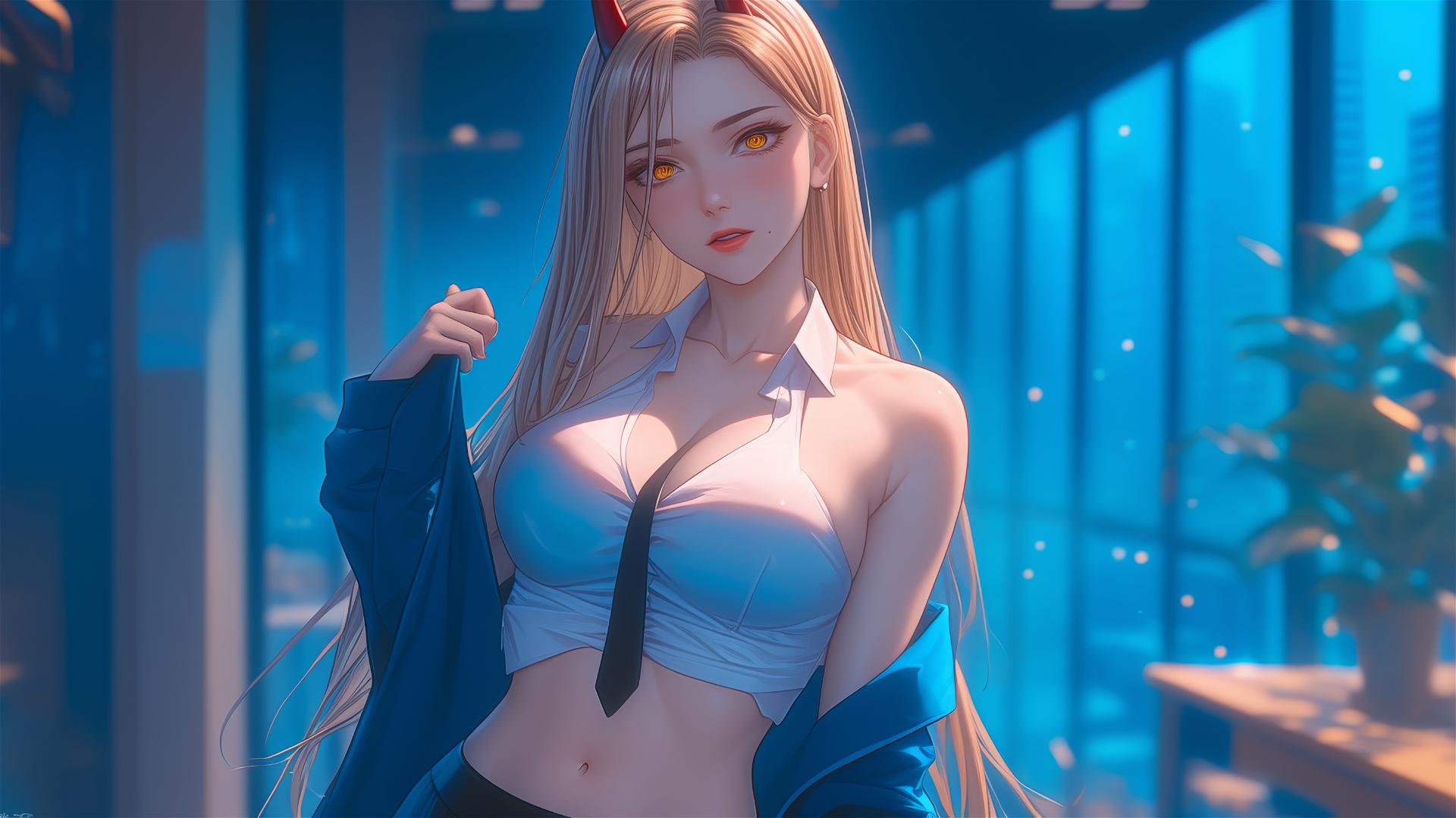 Power from Chainsaw Man in office hallway with focus on thighs, blonde hair, red horns, yellow eyes