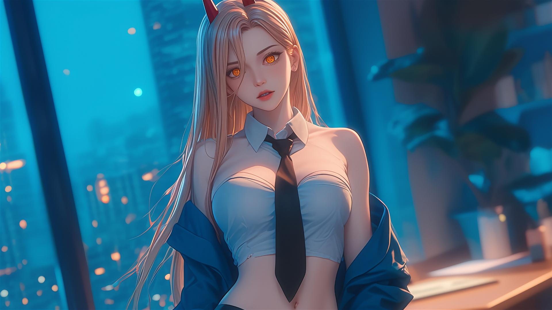 Power from Chainsaw Man in office hallway with focus on thighs, blonde hair, light red horns, and yellow eyes.
