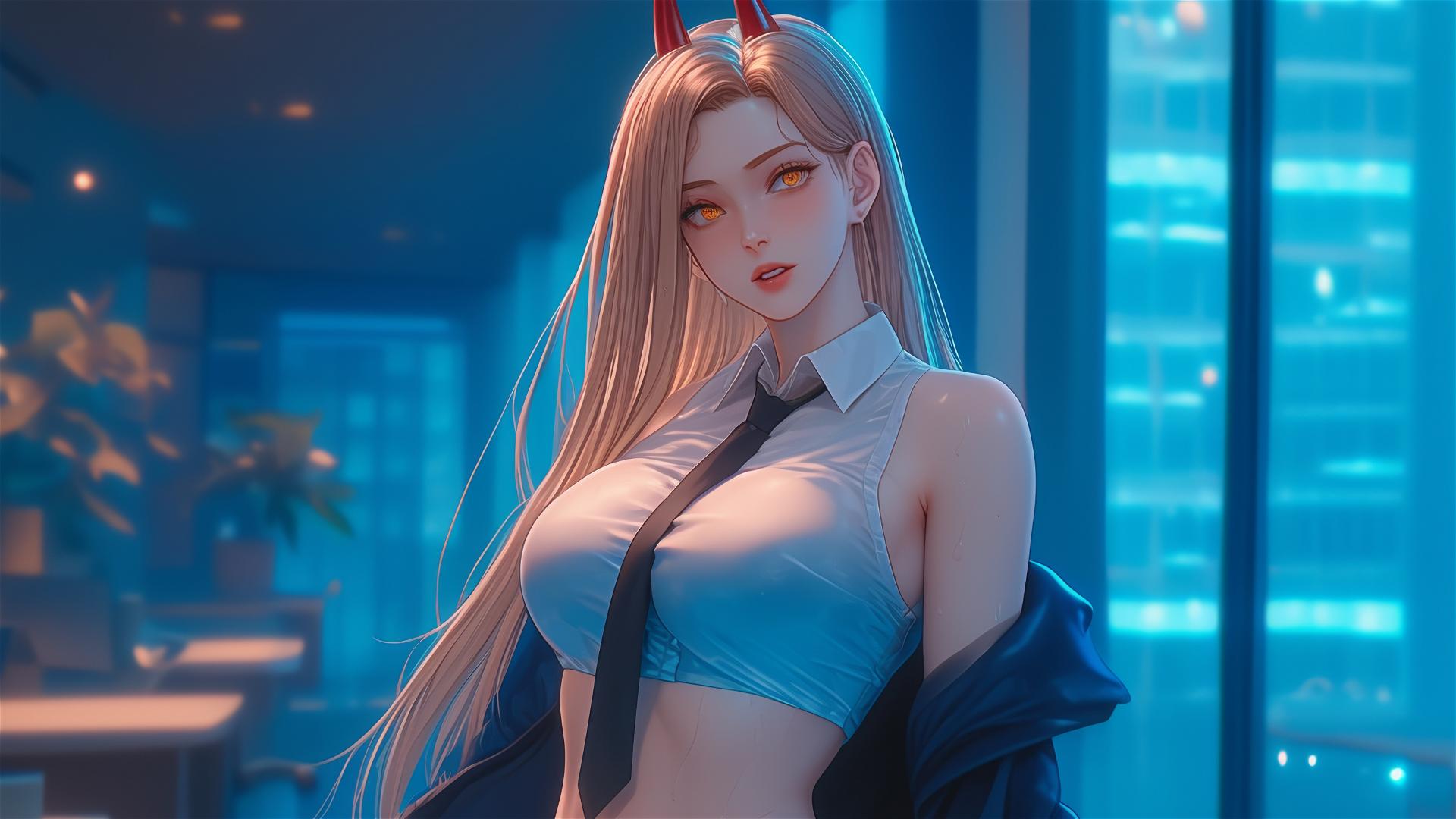 Power from Chainsaw Man in office hallway, blonde hair, red horns, yellow eyes