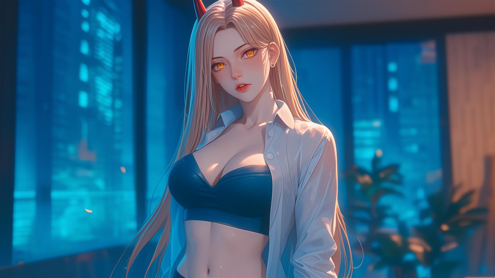 Blonde Power from Chainsaw Man at the end of a long office hallway, red horns, and yellow eyes highlighting the depth of the office