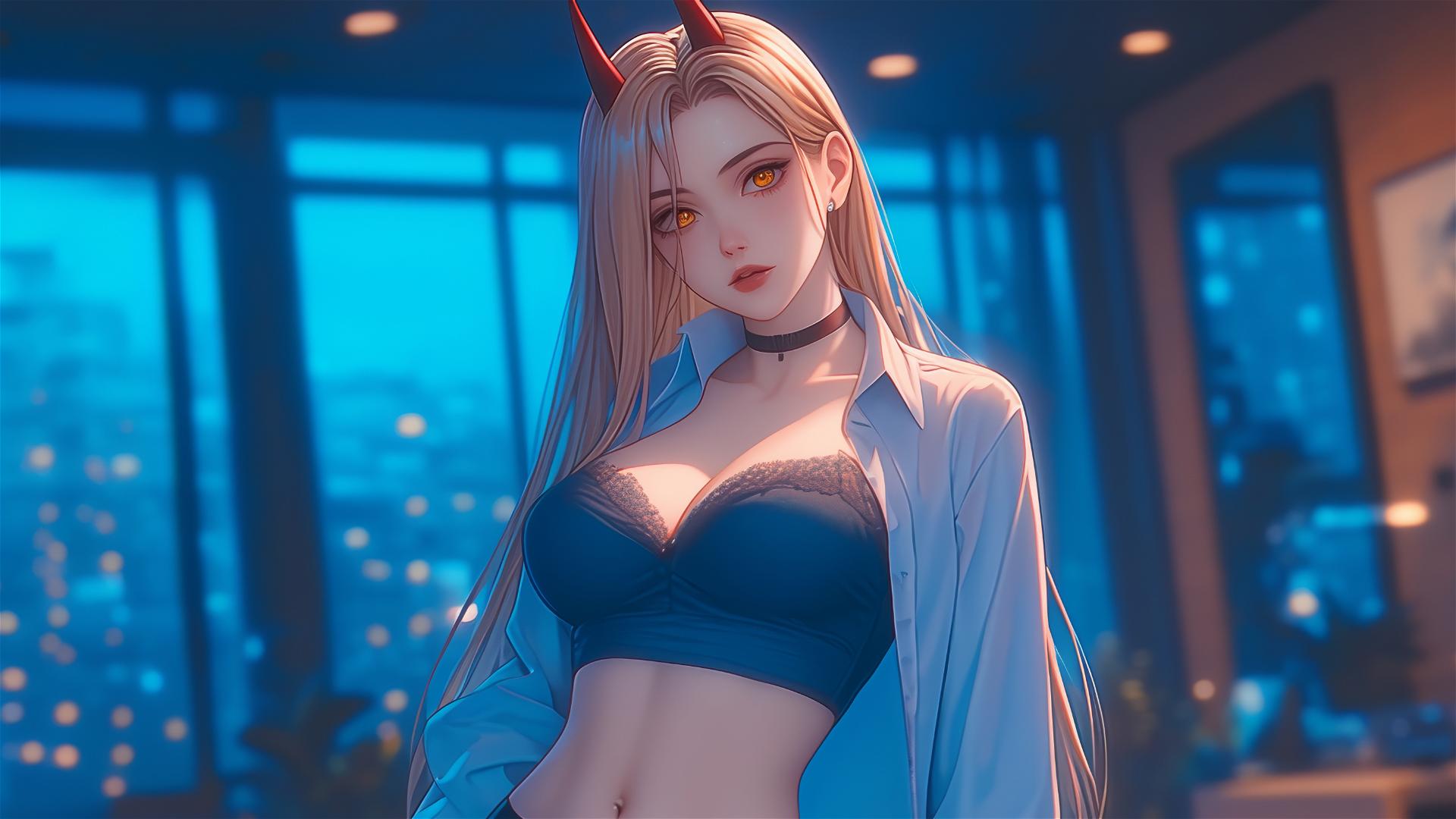 Power from Chainsaw Man with blonde hair and light red horns in office hallway