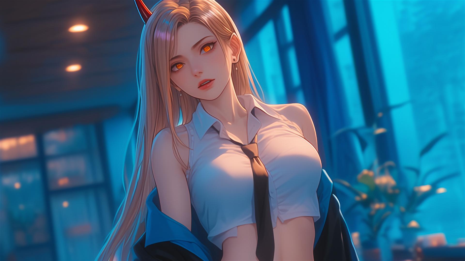 Power from Chainsaw Man in a remote angle at the end of a long office hallway, showcasing blonde hair, light red horns, yellow eyes and the depth of the office