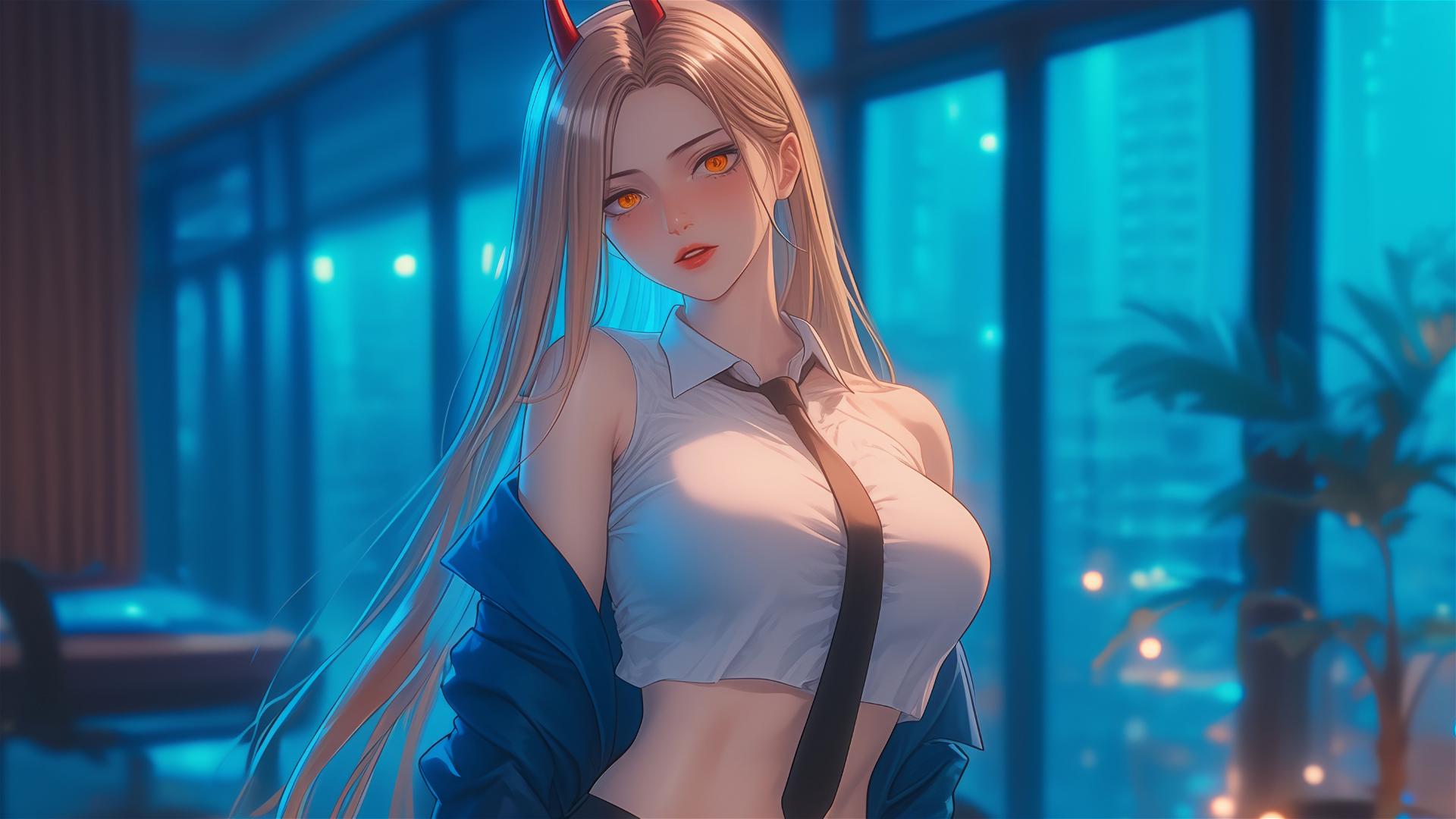 Blonde Power from Chainsaw Man with light red horns in office hallway