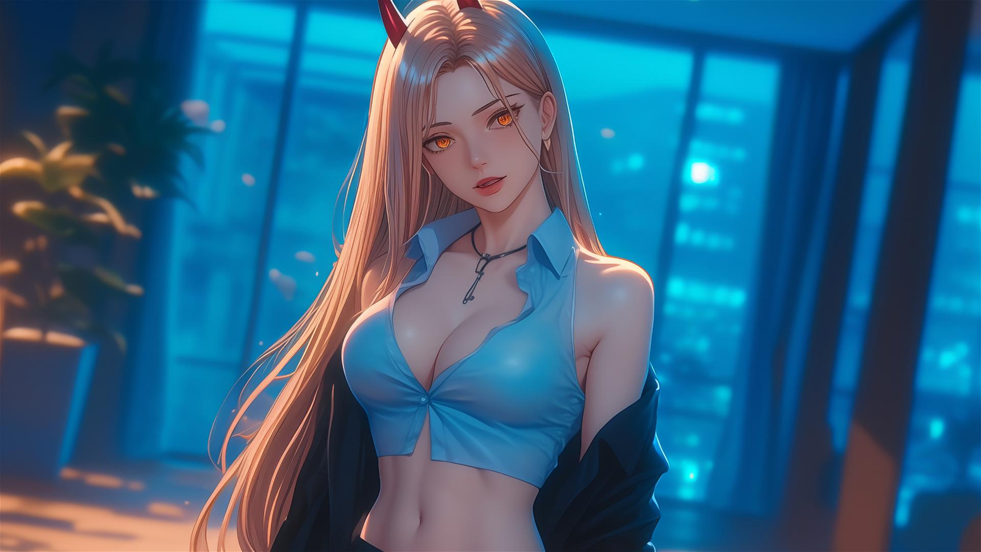 Power from Chainsaw Man in office hallway glancing over her shoulder, with focus on her light red horns and blonde hair
