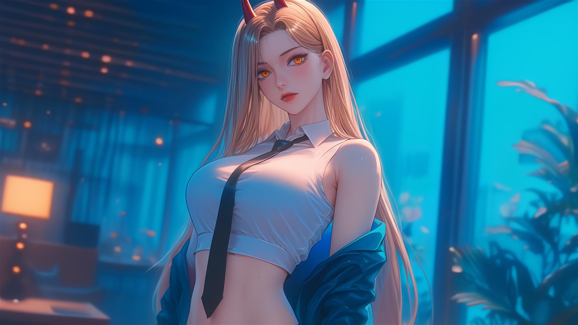 Power from Chainsaw Man with blonde hair in an office hallway.