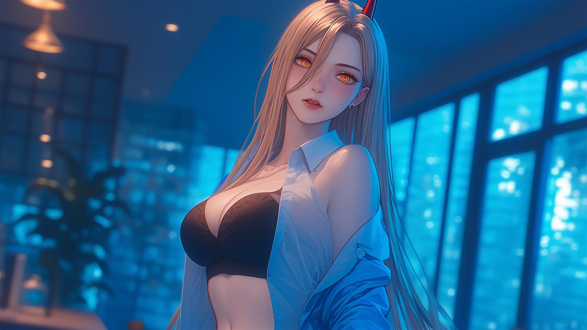 Power from Chainsaw Man in office hallway with focus on thighs, blonde hair, red horns, yellow eyes.