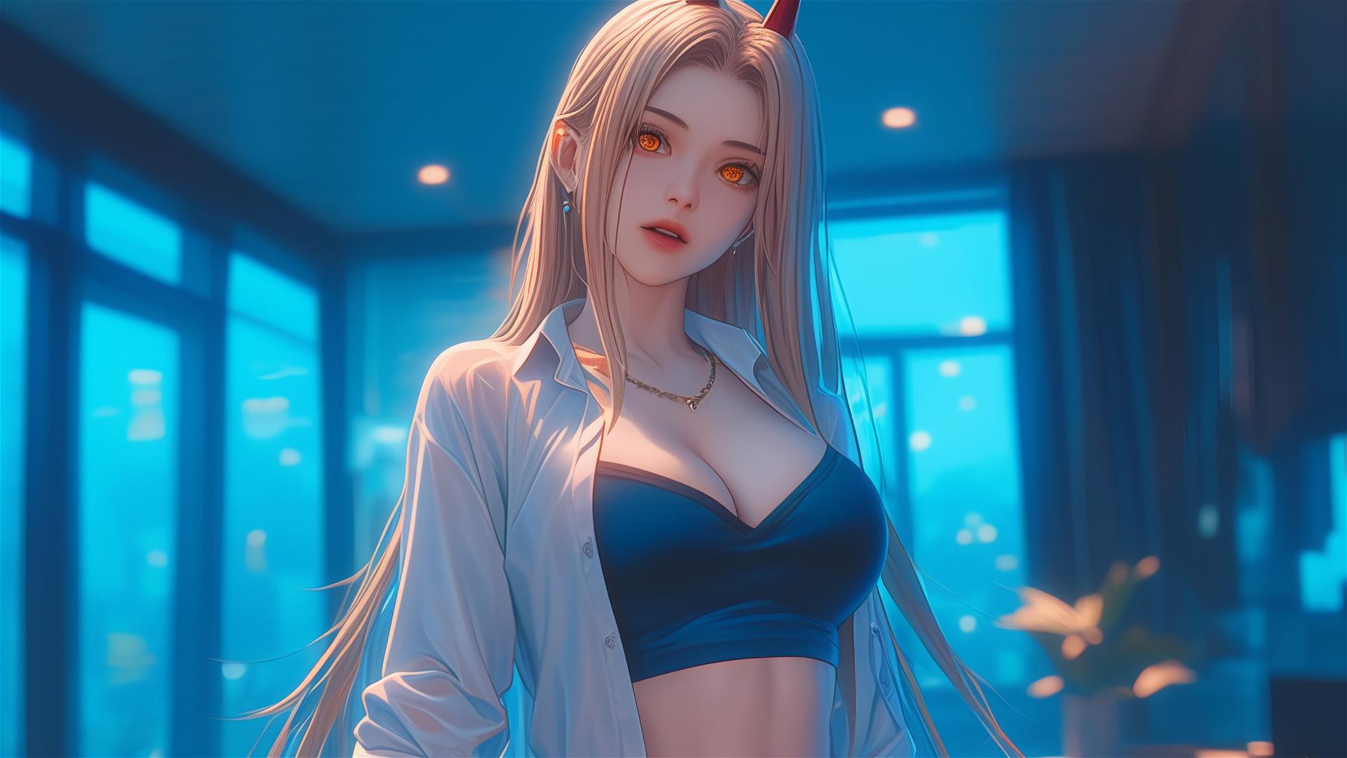 Power from Chainsaw Man at the end of office hallway, with blonde hair, light red horns