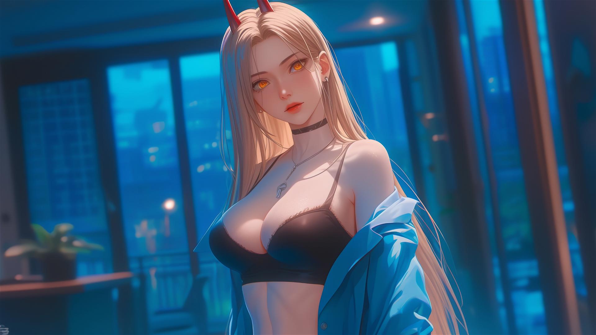 Power from Chainsaw Man in an office hallway focusing on her thighs, blonde hair, light red horns, yellow eyes