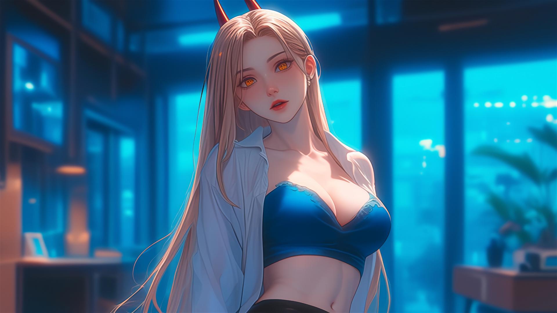 Power Chainsaw Man in office hallway focusing on thighs, blonde hair, light red horns, yellow eyes