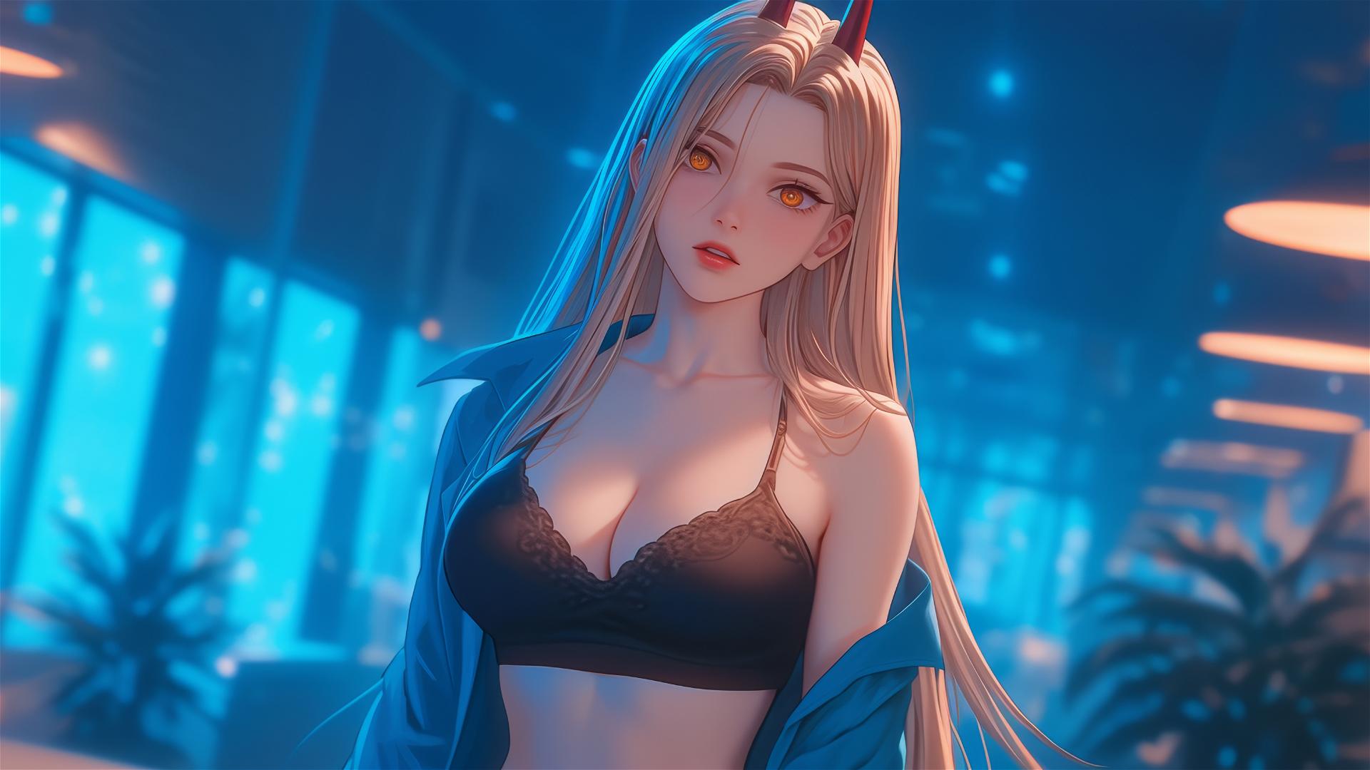 Remote angle view of Power from Chainsaw Man at end of office hallway showcasing her blonde hair, light red horns, yellow eyes, and thighs.