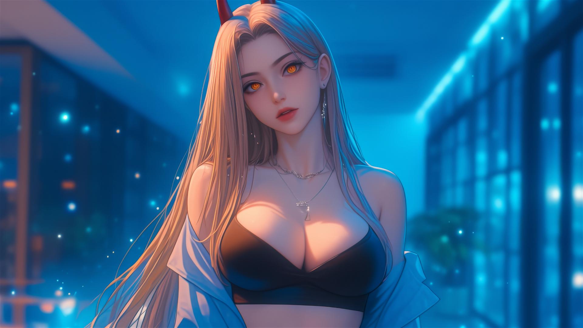 Power from Chainsaw Man in an office hallway, blonde, red horns, yellow eyes