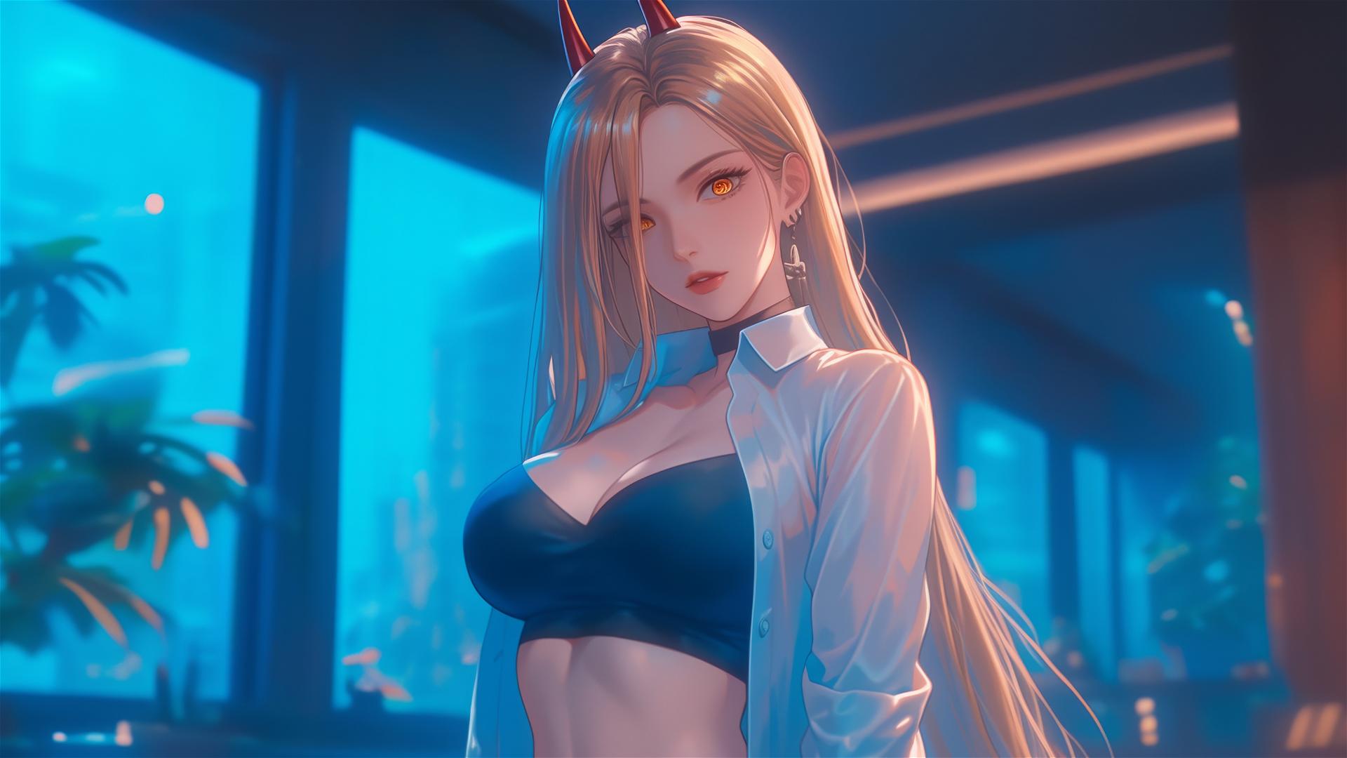 Power from Chainsaw Man at office hallway with focus on thighs, blonde hair, light red horns, yellow eyes