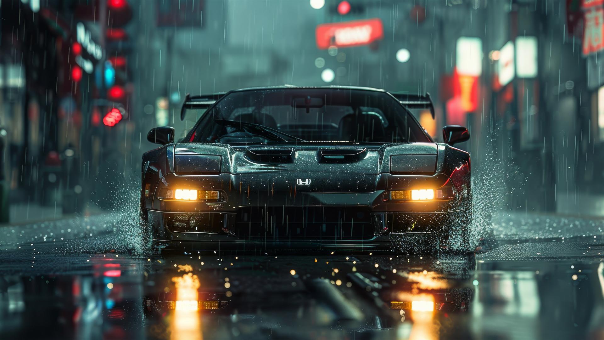 Close-up of a Honda NSX in dim, gothic gloomy lighting with fog