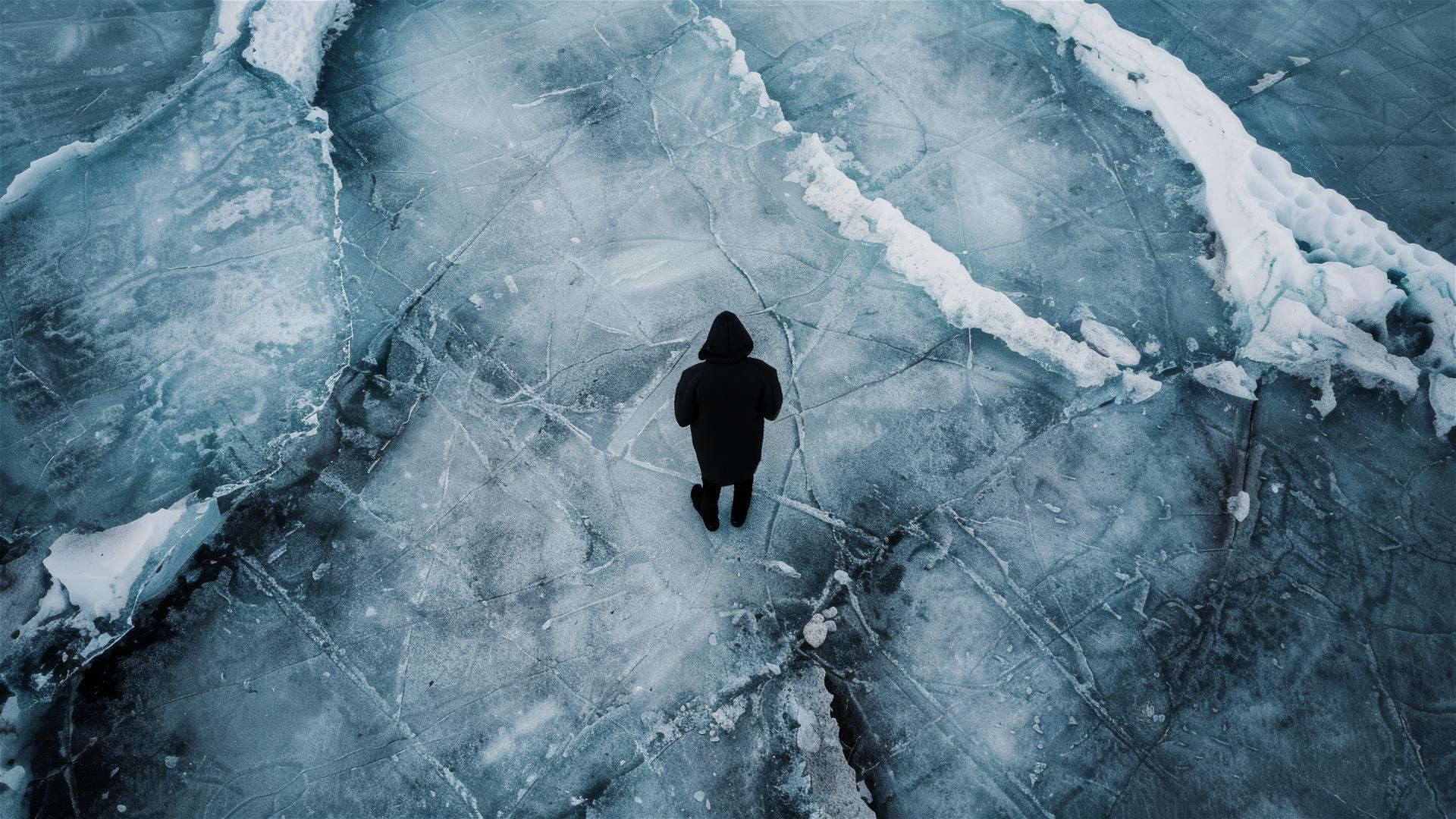 Arial view of unknown Antarctica with a solitary dark figure on snowy terrain