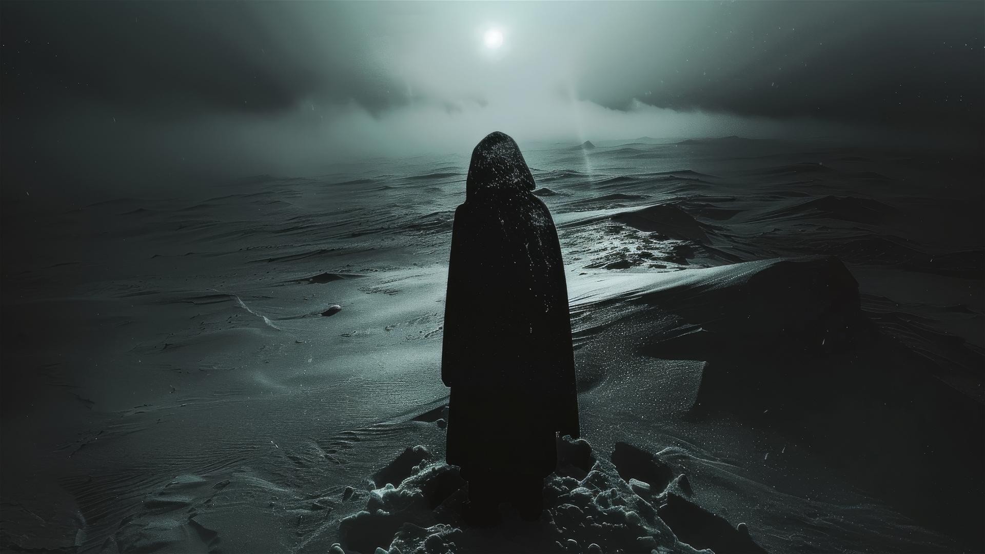 Dark figure on the ground in an empty Antarctic landscape, viewed from above