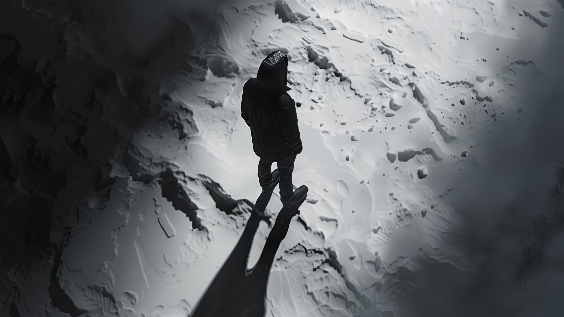 Dark figure on the ground in Antarctica, seen from above, conveying vibes of loneliness and stillness