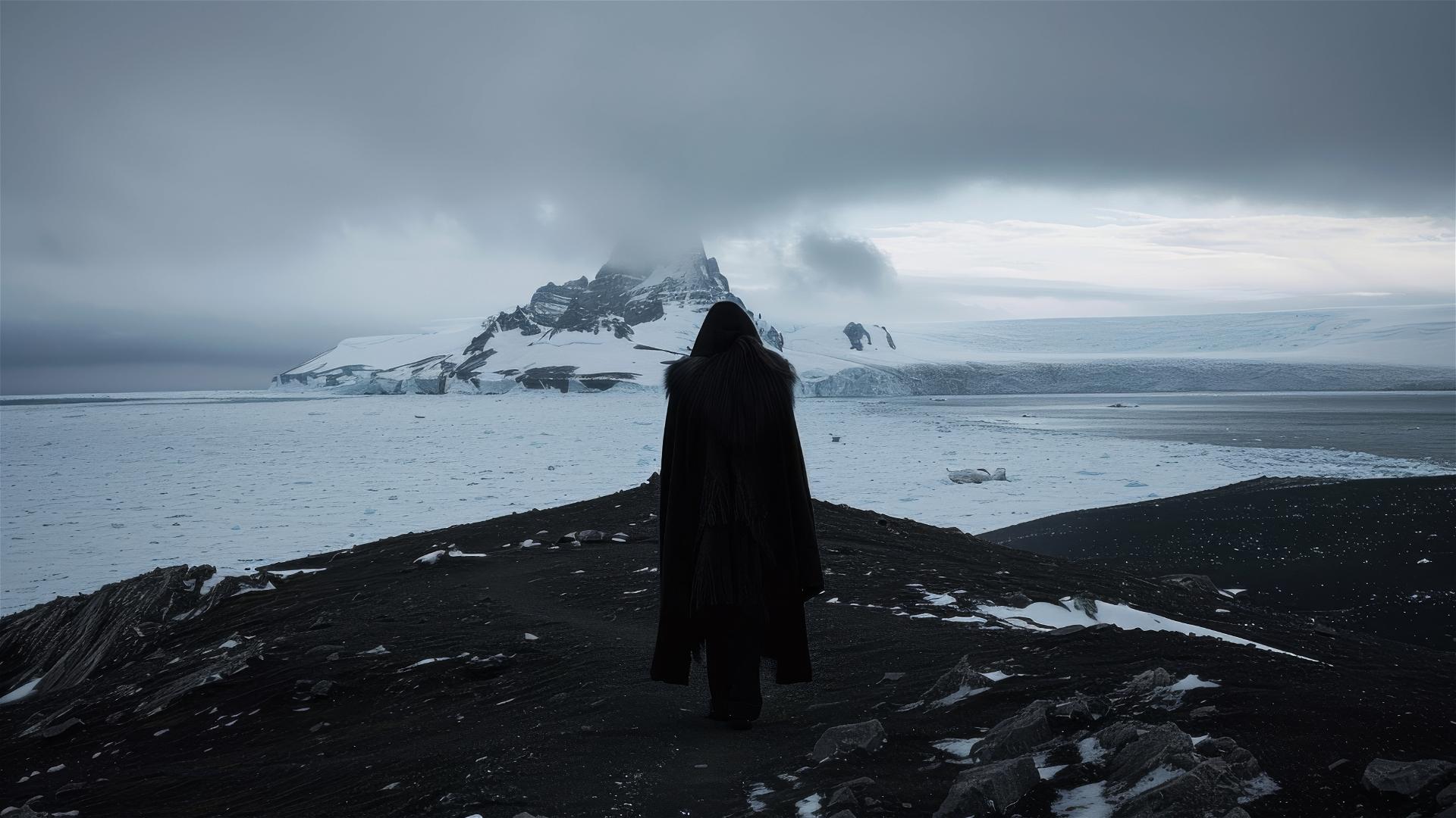 Dark figure in a still, lonely Antarctic landscape from above