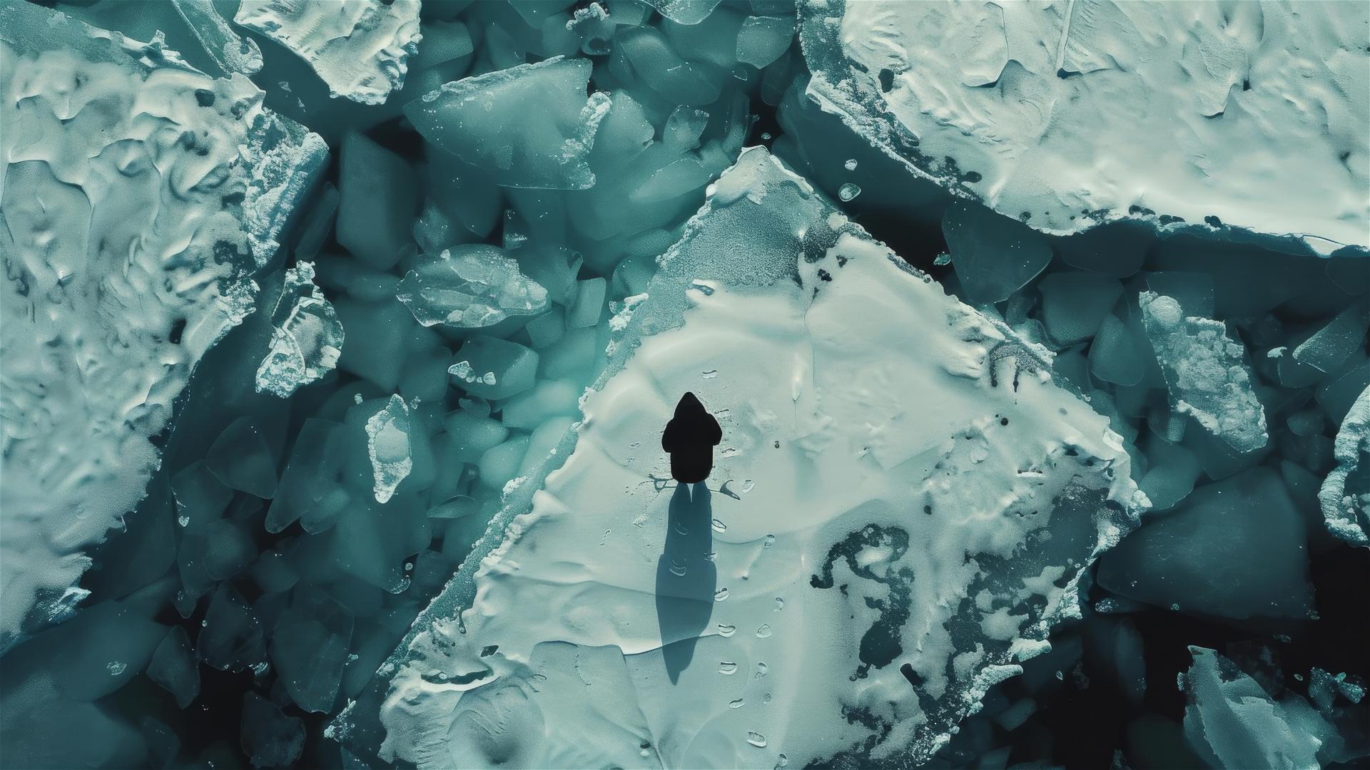Dark figure on ground in Antarctica from above, conveying loneliness and stillness