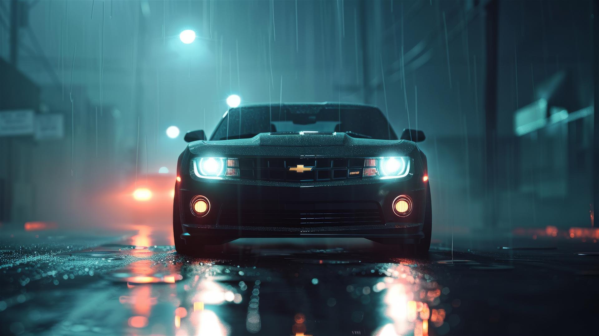 Photorealistic Chevrolet Camaro in dim, foggy, gothic setting