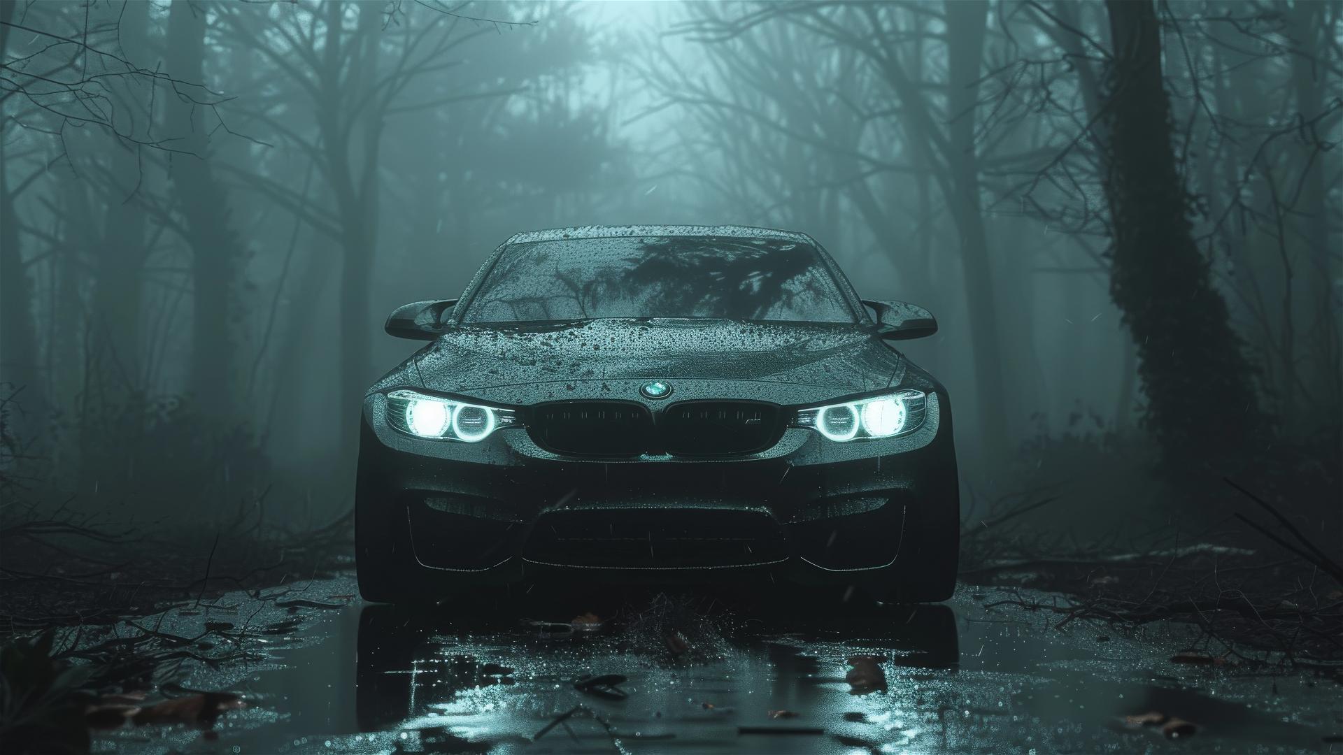 Closeup of a BMW M3 in dim, gothic-style lighting with photorealistic details and fog