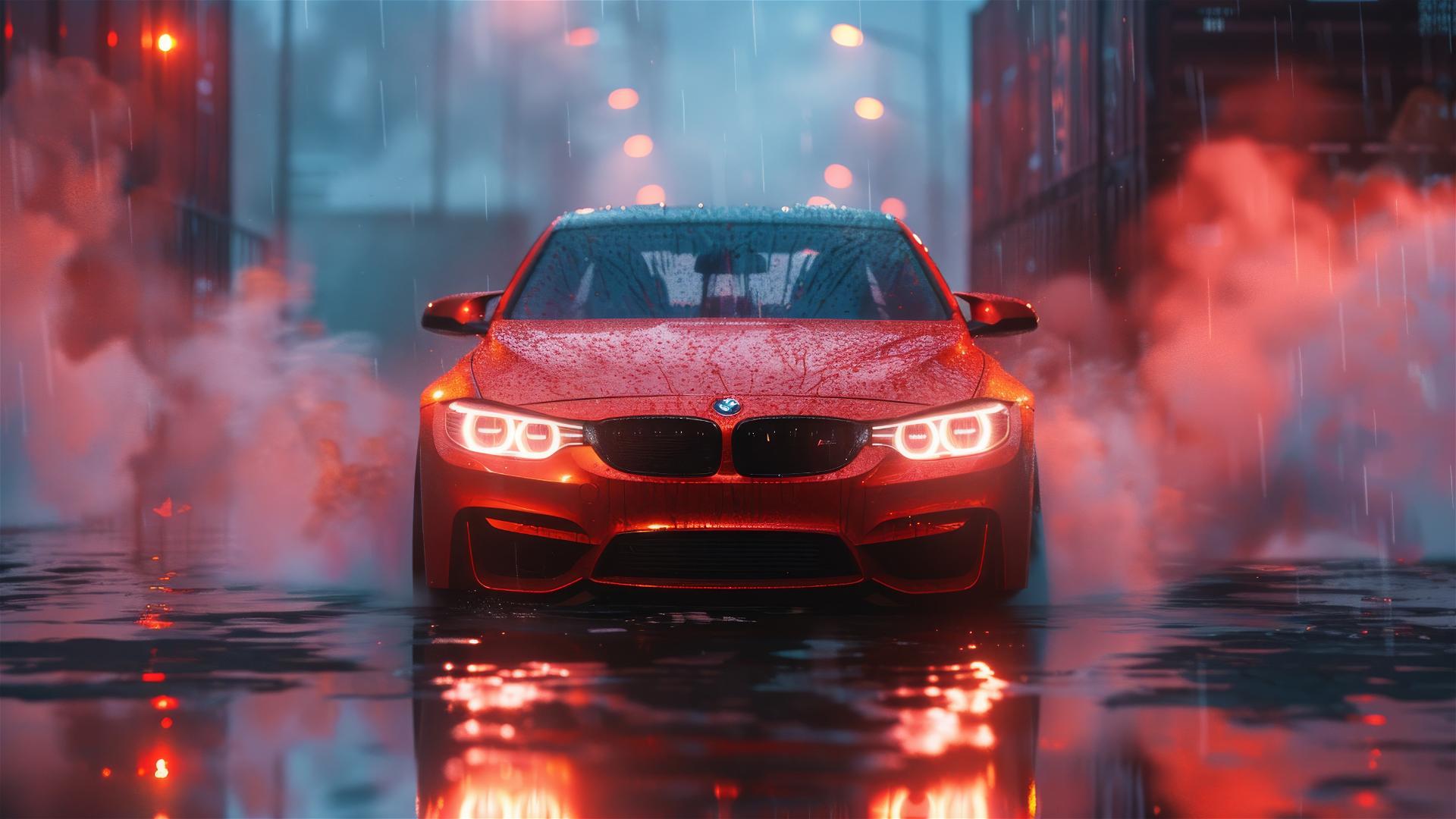 BMW M3 in dim Gothic lighting with smooth, photorealistic details, close-up view and foggy atmosphere