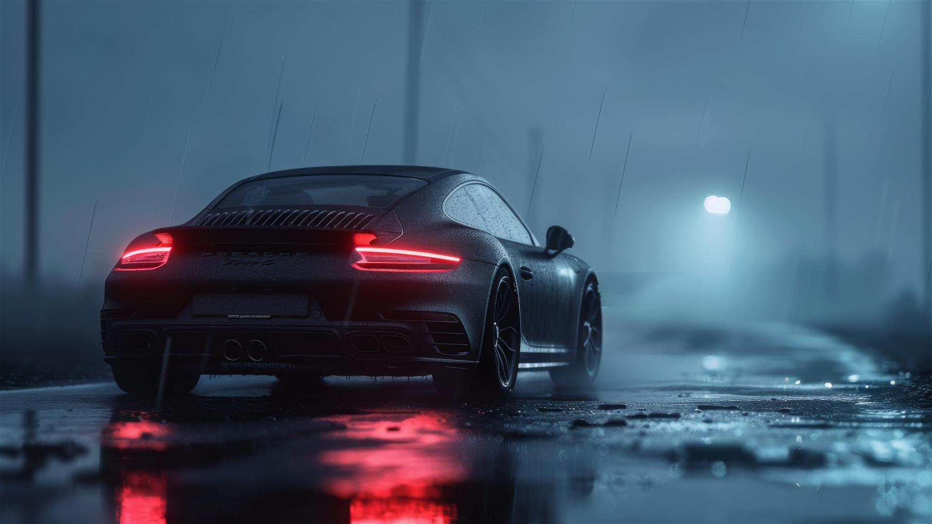 Close-up of a Porsche 911 in dim, foggy, gothic setting