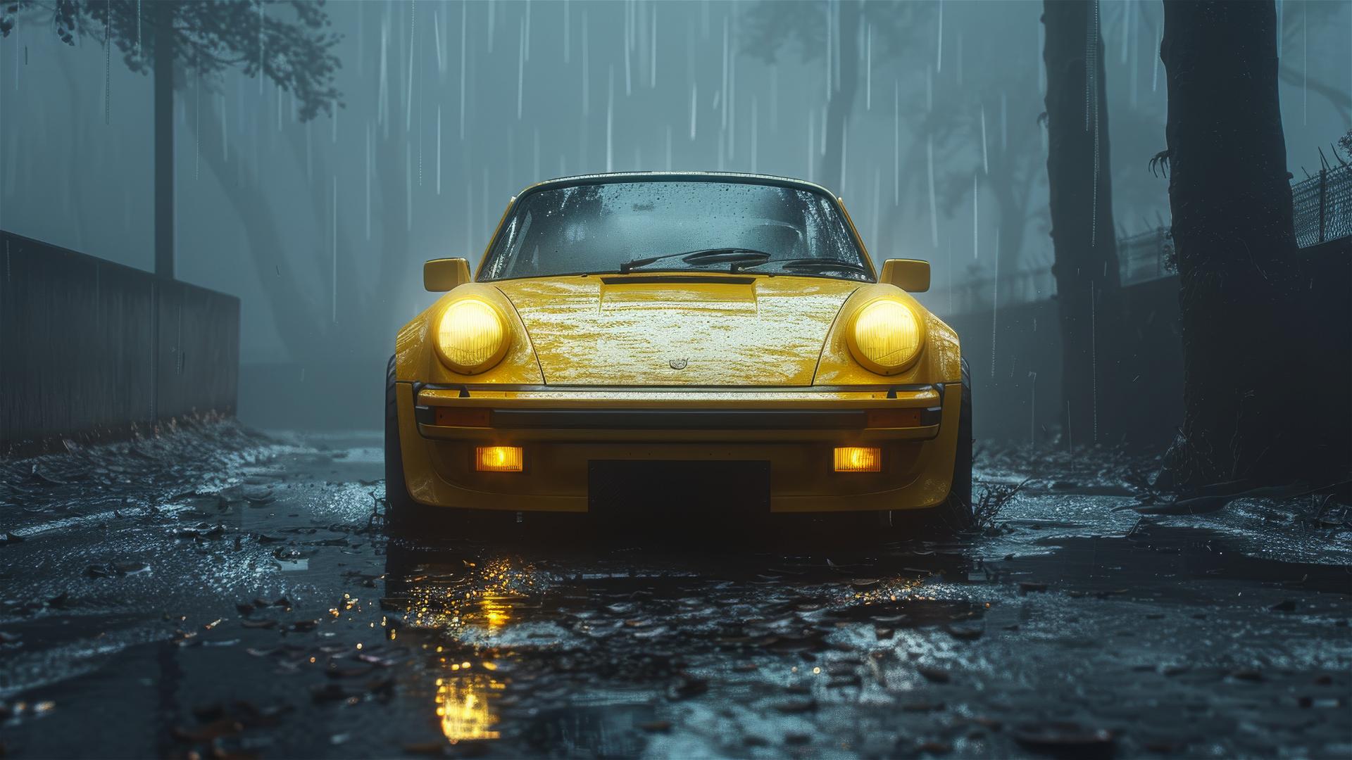 Photorealistic close-up of a Porsche 911 in dim, foggy, gothic surroundings