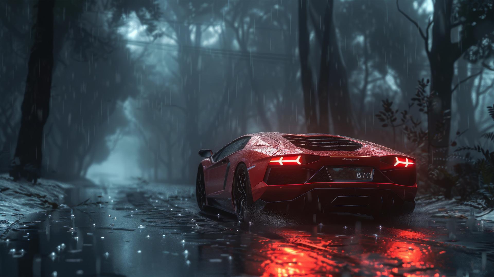 Closeup view of a foggy photorealistic Lamborghini Aventador in dim, gothic gloomy lighting