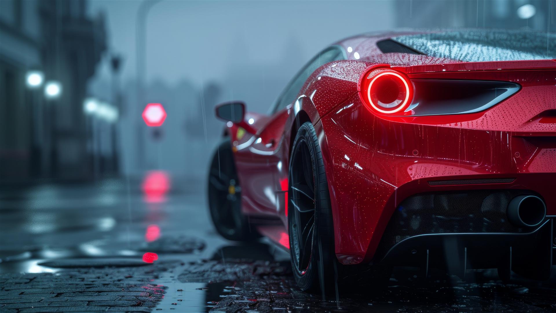 Photorealistic closeup of a Ferrari 488 in dim, foggy, gothic setting