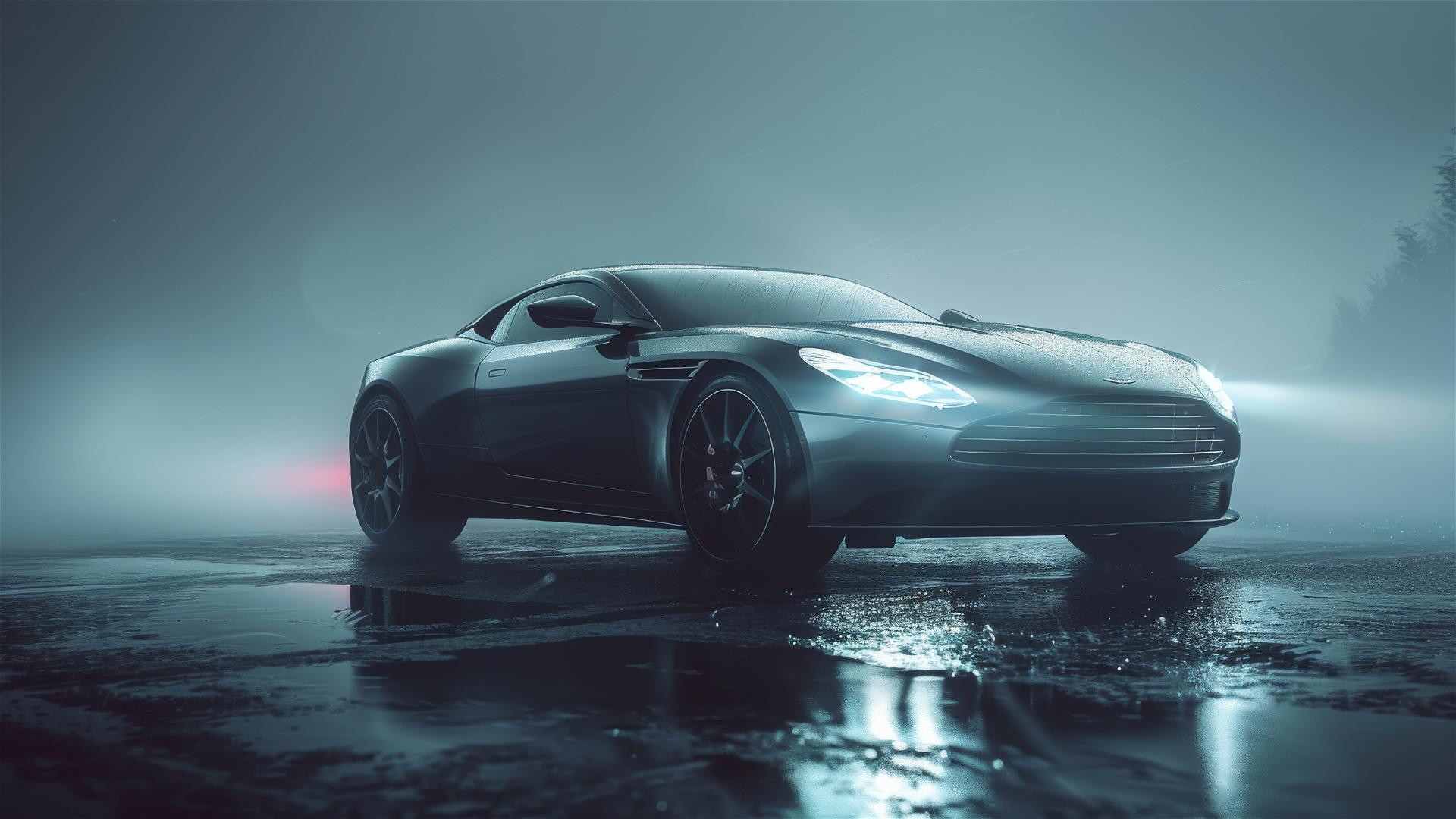 Closeup of an Aston Martin DB11 in dim, foggy, gothic setting